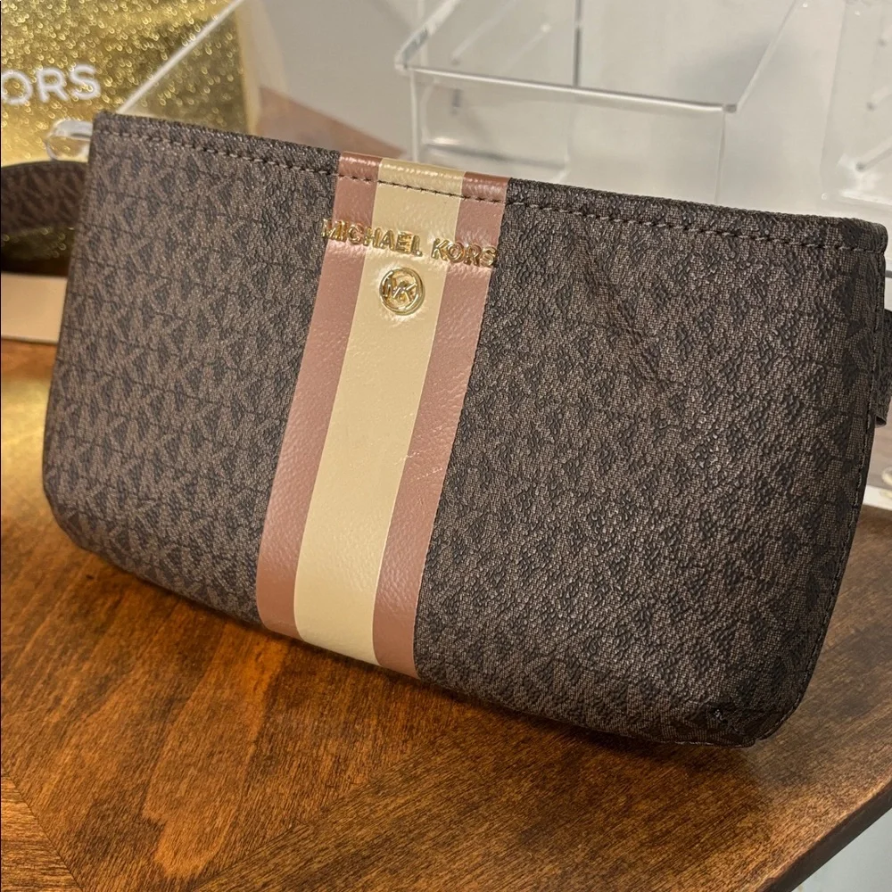 Michael Kors Monogram Crossbody Bag Brown Stripe Adjustable Belt Bag MK Signatu